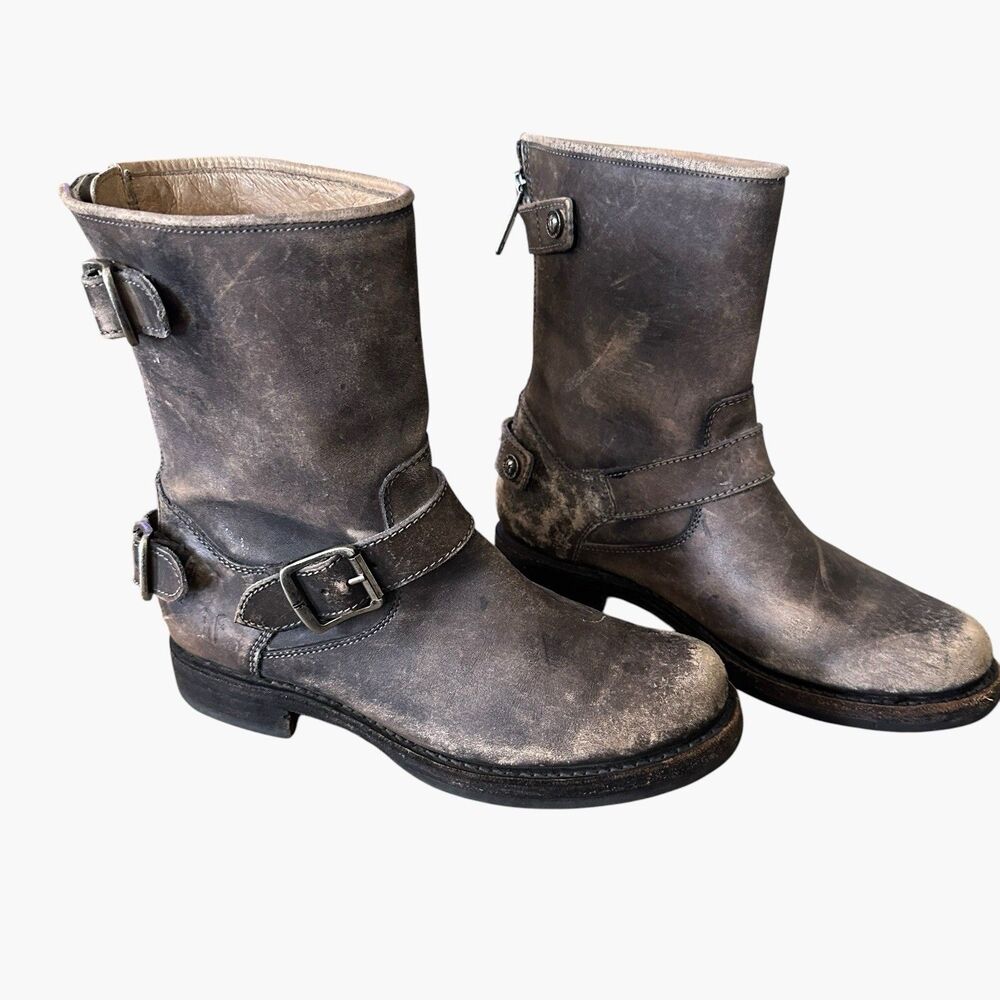 Frye Viv Short Engineer Boots Women's 6 Leather Moto Harness Biker Distress USA